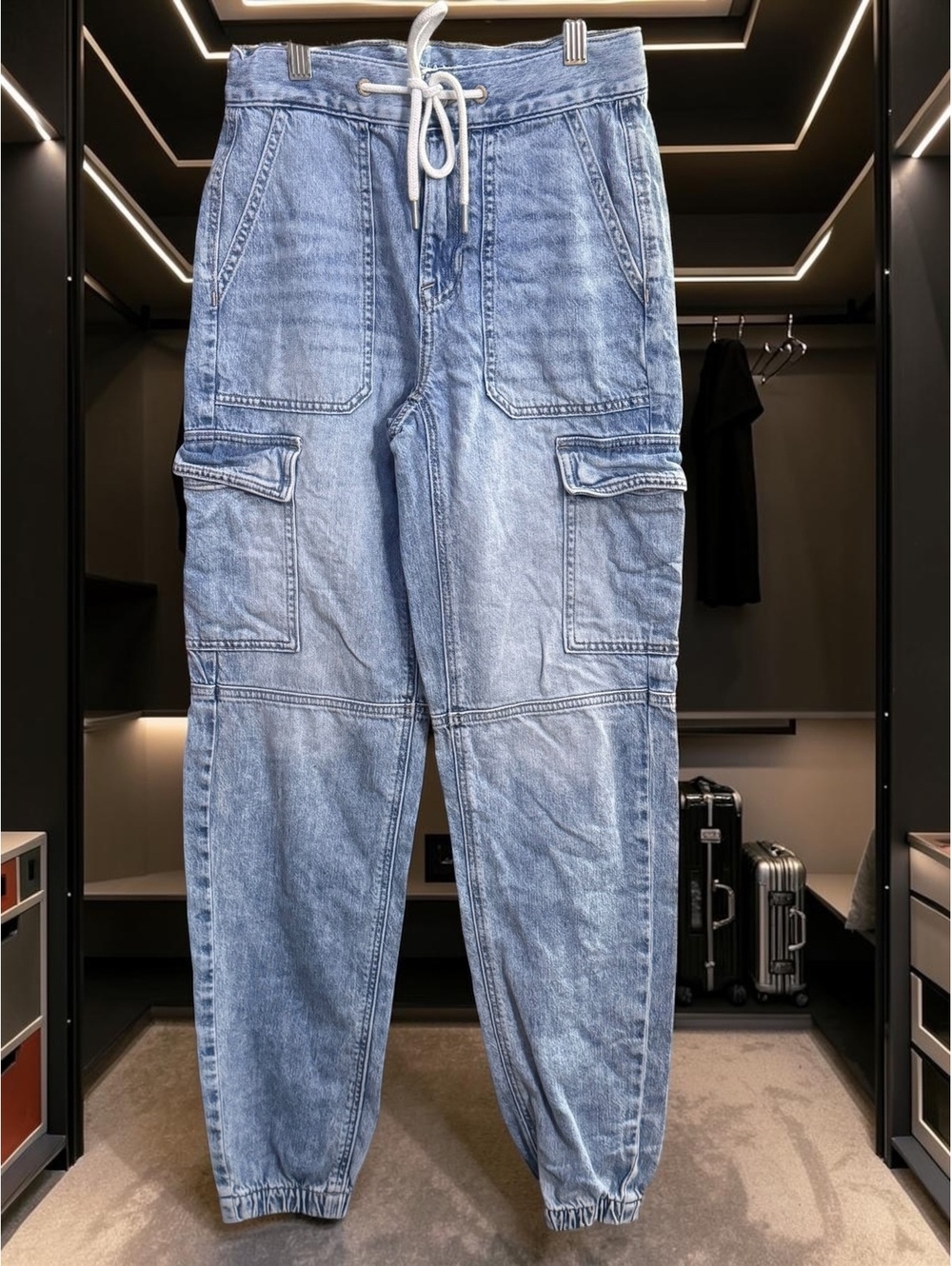 American Eagle Denim Cargo Jogger Size 00 L High Rise Carpenter Drawstring Ankle